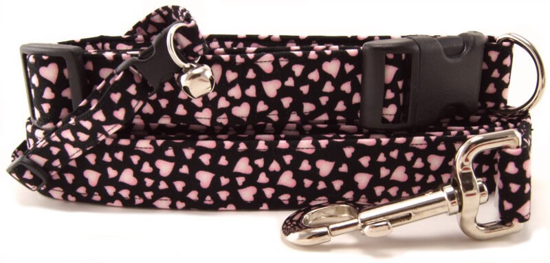 Pink Hearts on Black Dog Collars, Cat Collars and Dog Leashes