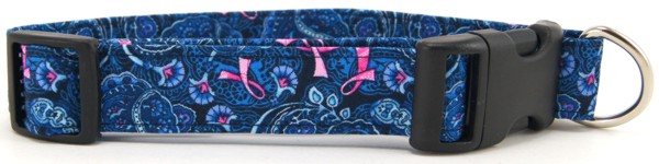 Pink Ribbon Blue Paisley Dog and Cat Collars and Leashes